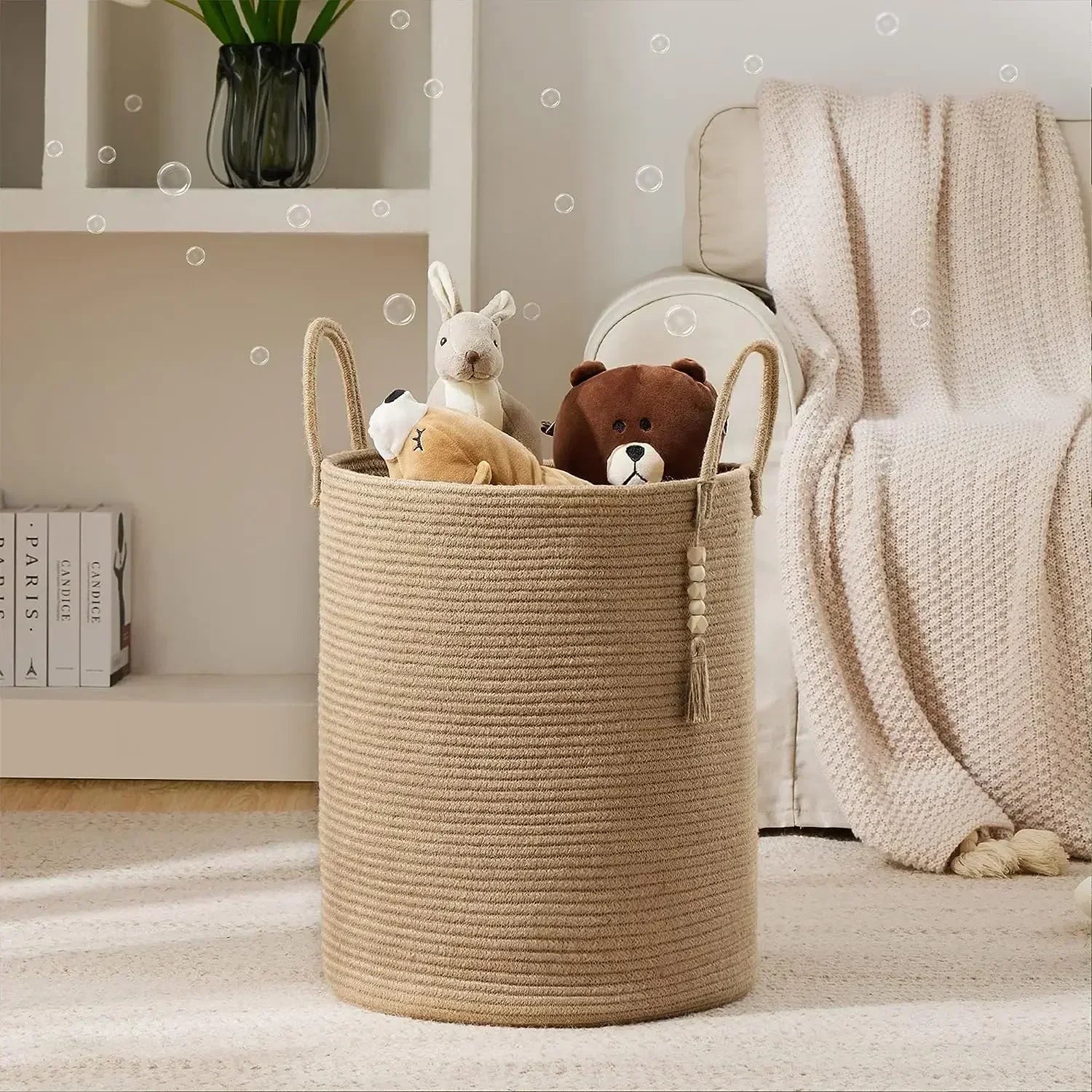 grand panier à linge tissé avec poignées en coton pliable - vue 9 sur 10