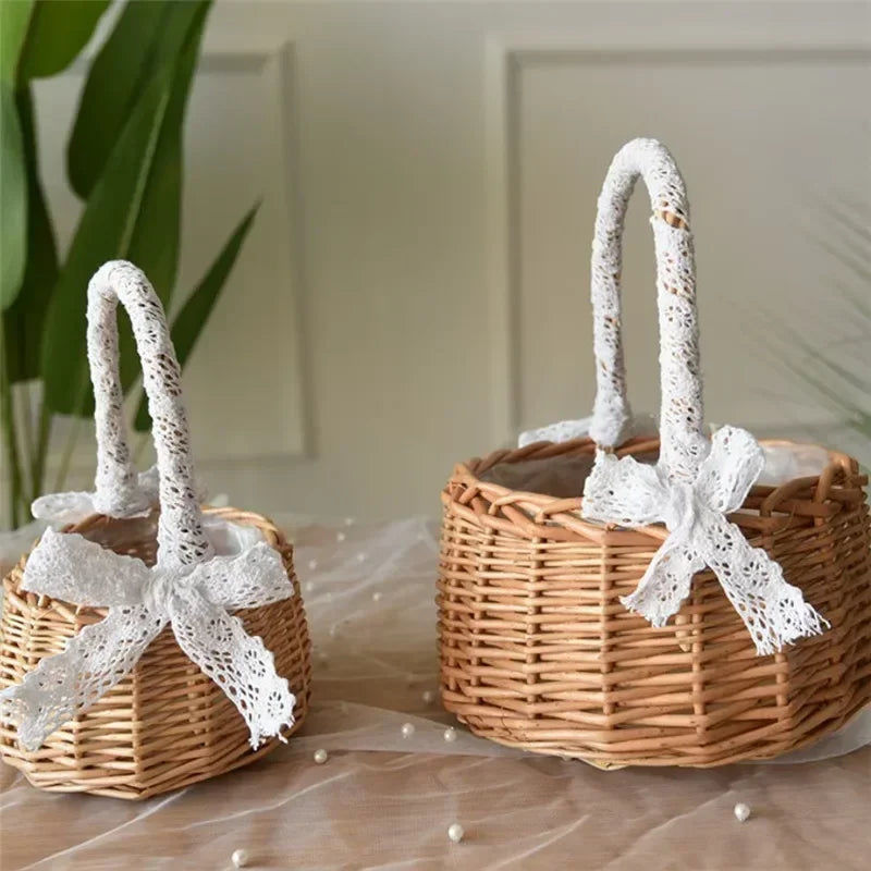 panier en rotin naturel tissé à la main pour mariage décoratif avec dentelle - vue 7 sur 7