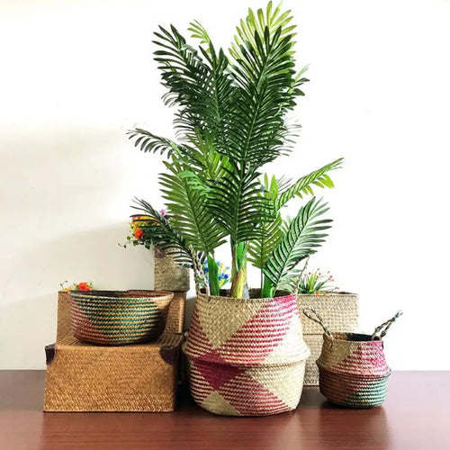 panier de rangement en paille avec poignée pliable pour jardinage - vue 2 sur 8