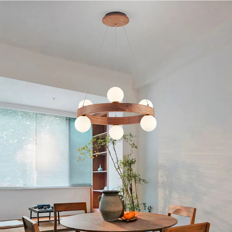 lustre rond en noyer avec ampoules en verre led moderne - vue 3 sur 9