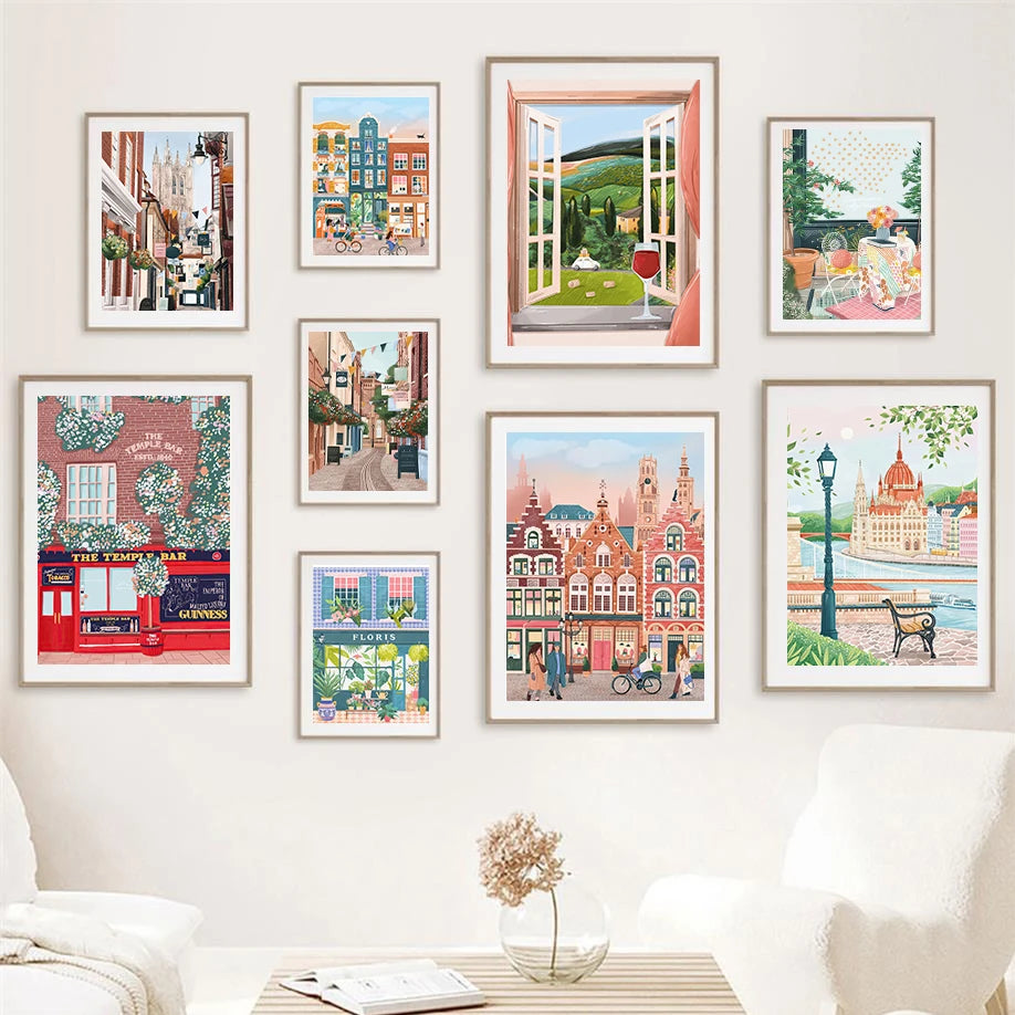 aquarelle art mural ville côtière saloon décor moderne