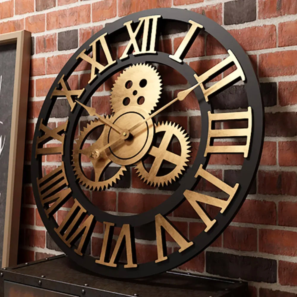 horloge murale moderne à engrenages en bois vintage silencieuse - vue 6 sur 10