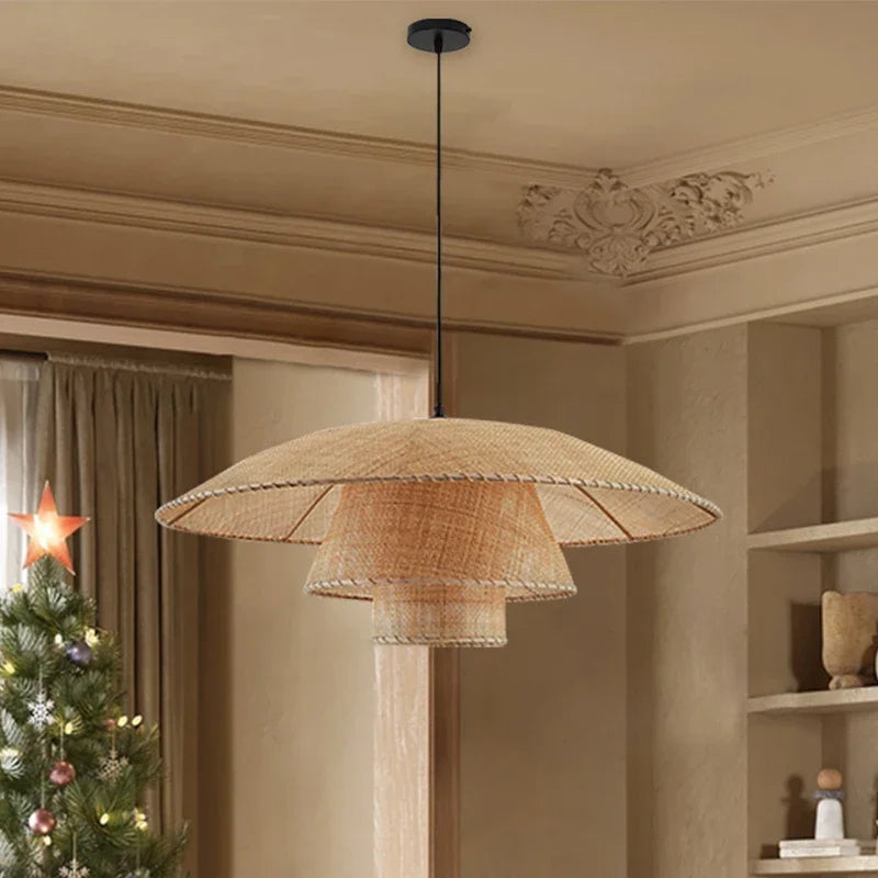 Wabi-sabi rétro rotin suspension Vintage artisanat silencieux lampe à vent pour salon chambre salle à manger Table lustre