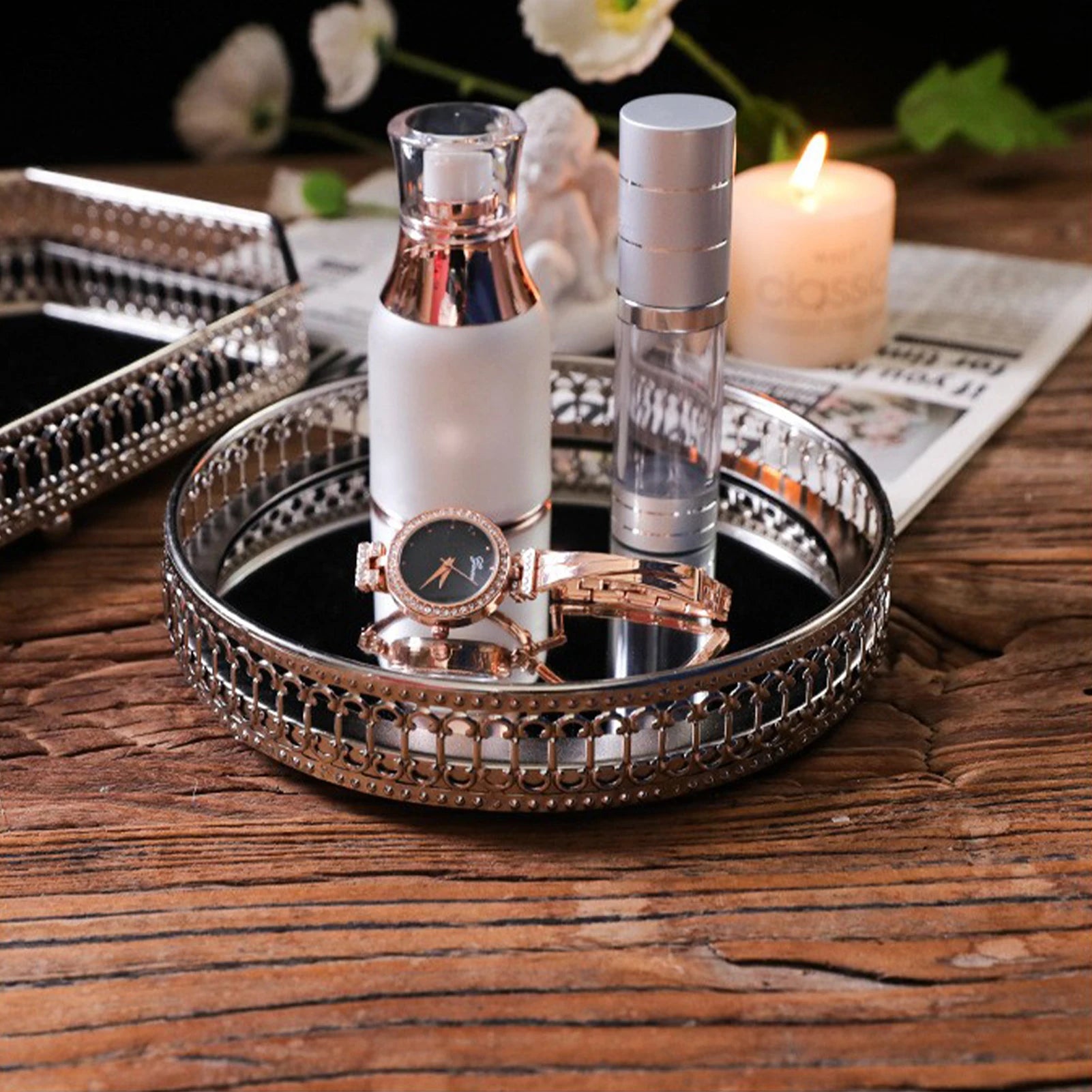 plateau de rangement en métal miroir décoratif pour cosmétiques et vaisselle - vue 4 sur 14