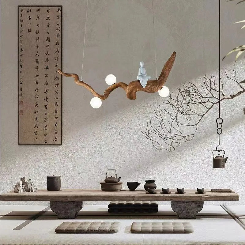 Lustre design Zen résine style bois à Branches suspension - vue 2 sur 7