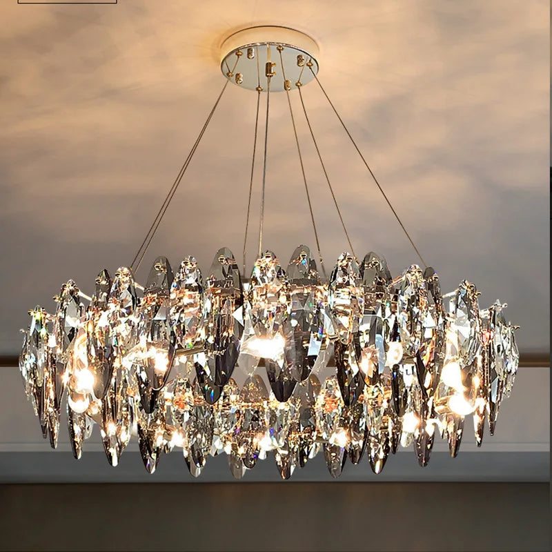 lustre moderne en cristal avec led et suspensions ronds