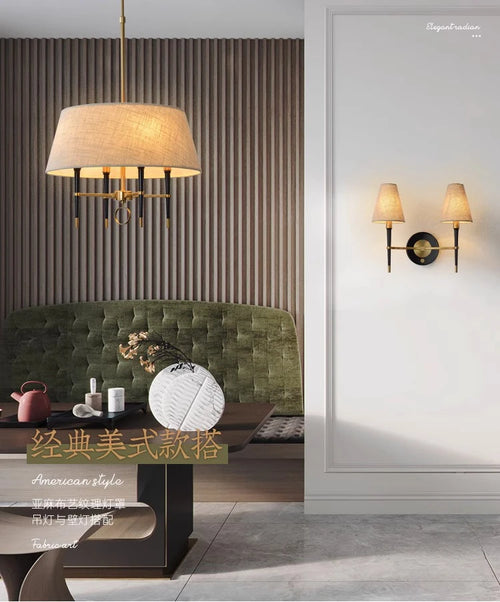 brun clair couverture en tissu circulaire suspension lampe salon chambre lustres cuivre suspension lampe de style chinois plafonnier - vue 5 sur 7