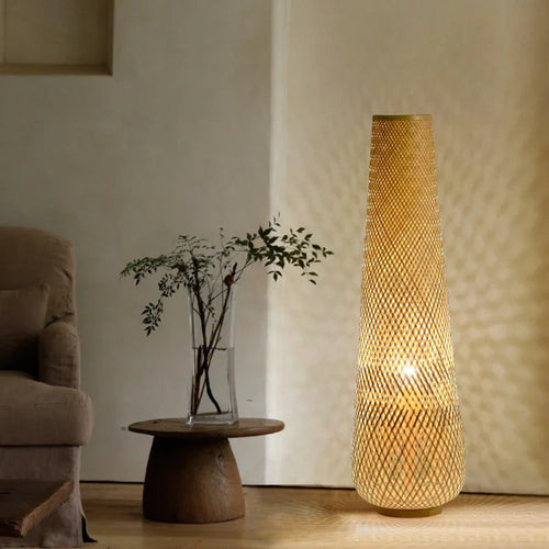 lampadaire cylindrique en bois et osier rétro tissé en bambou - vue 7 sur 9