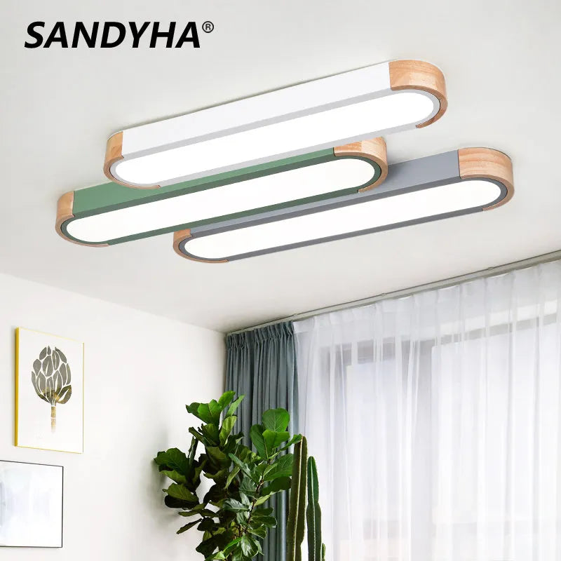 SANDYHA plafonniers nordique Led bois fer acrylique Rectangle piste lampe pour salon chambre décor intérieur luminaires - vue 2 sur 15
