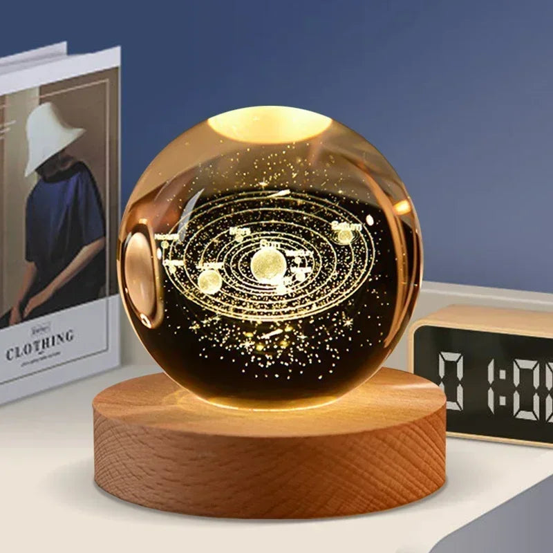 veilleuse 3D en cristal système solaire cadeau décoratif en bois - vue 8 sur 16