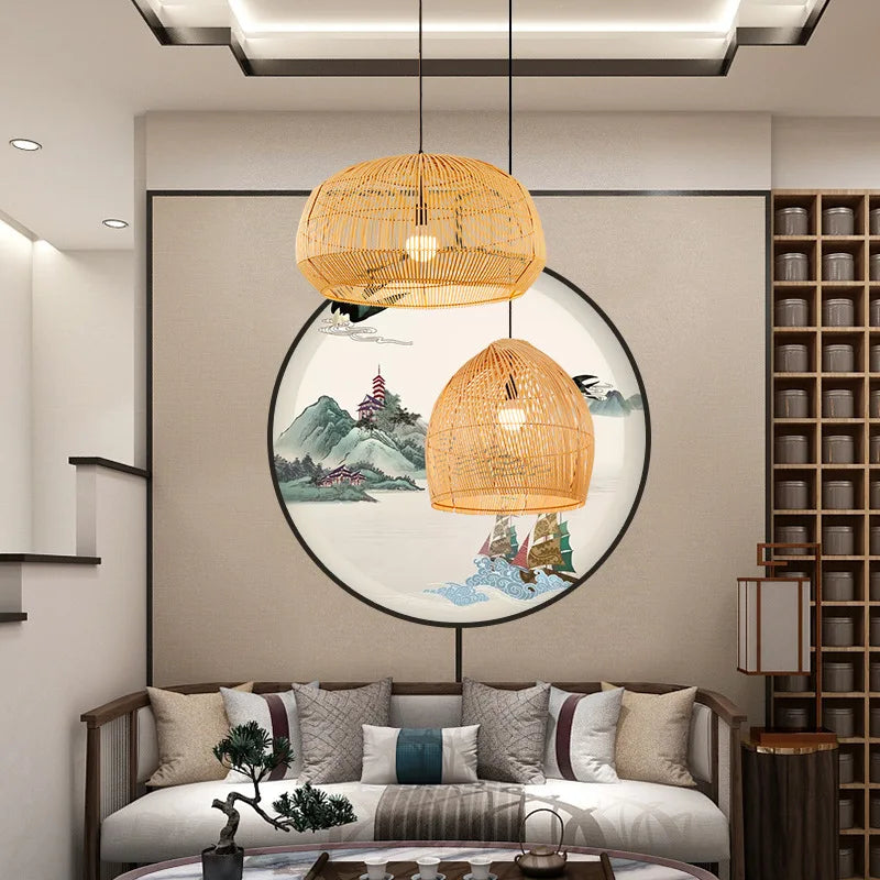 suspension vintage en bambou style chinois fait main pour décoration intérieure
