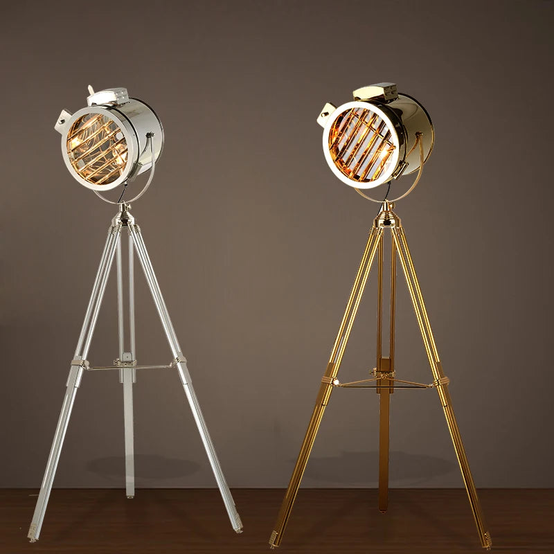 lampadaire trépied rétro industriel en bois argenté doré créatif - vue 4 sur 9
