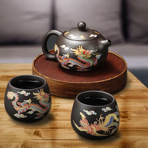 Théière gongfu argile motifs dragons phénix artisanale
