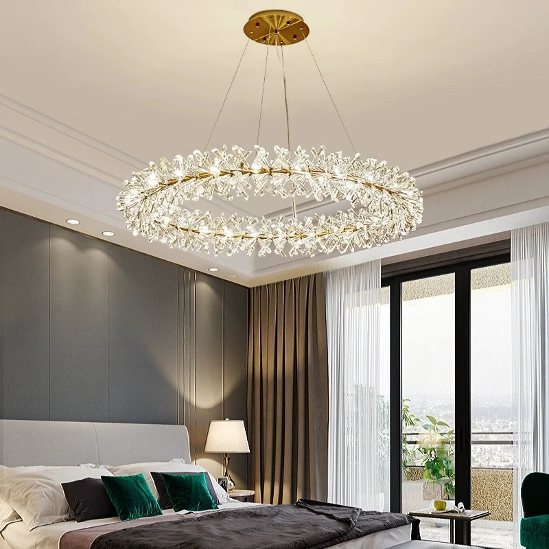 lustre led cristal clair rond avec fil métallique doré réglable - vue 2 sur 12