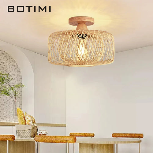 Plafonnier en bois moderne avec abat-jour en osier