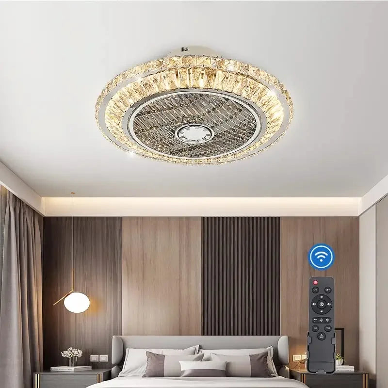 ventilateur de plafond cristal moderne avec lumière télécommande silencieuse 3 vitesses - vue 2 sur 7