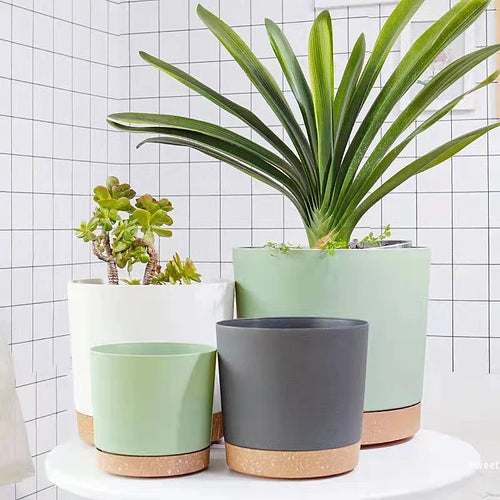 grand pot circulaire en plastique pour plantes d'intérieur avec drainage et plateau