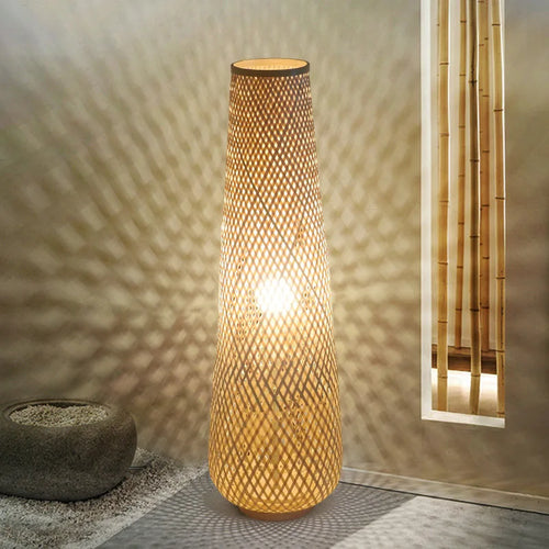 lampadaire cylindrique en bois et osier rétro tissé en bambou - vue 2 sur 9