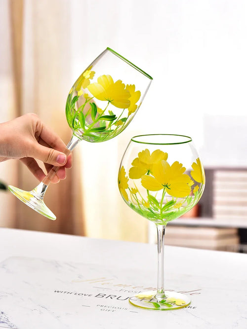 Verres à vin hauts motifs floraux peints main