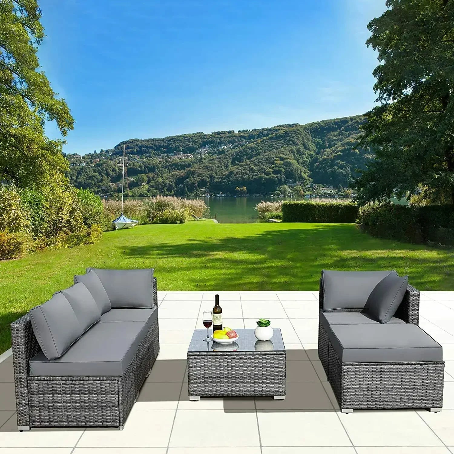 ensemble de canapés dangle de jardin en rotin avec table basse et coussins - vue 9 sur 8
