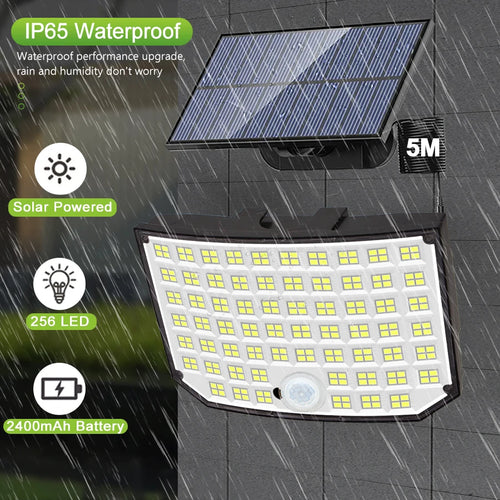 256 LED lumière solaire extérieure Super lumineux projecteurs avec télécommande IP65 étanche 3 Modes applique murale pour la décoration de jardin - vue 3 sur 8
