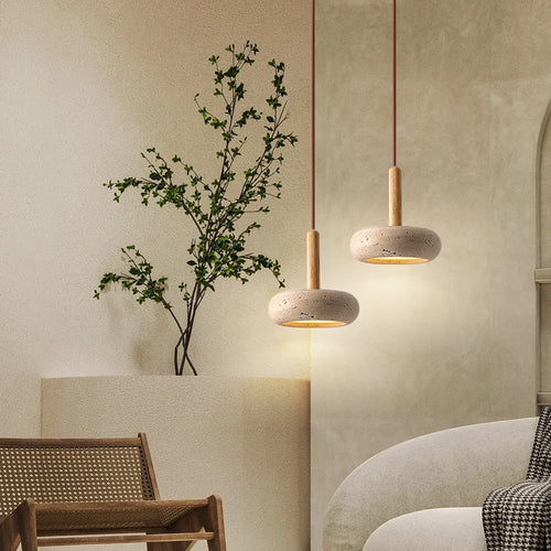 lustre led en travertin avec suspension en pierre naturelle - vue 4 sur 6