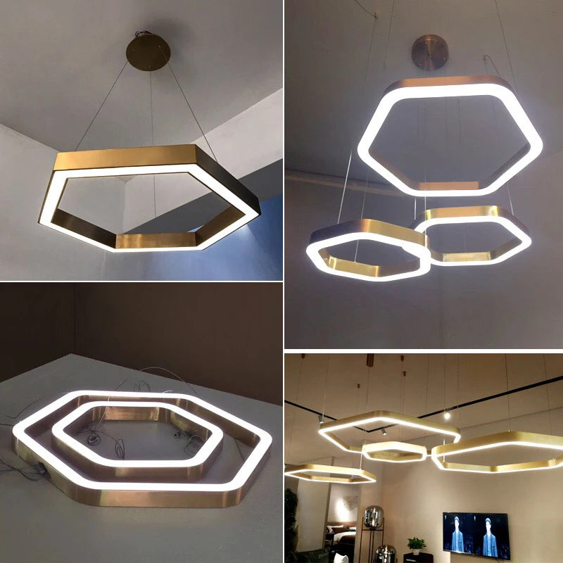 Hexagone Design Led Lustre Moderne De Luxe En Acier Inoxydable Lampe Salon Suspension Luminaire Décor À La Maison Escalier Plafond Lustre - vue 5 sur 14