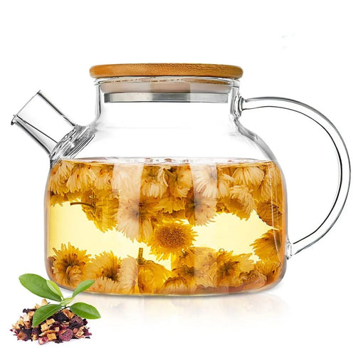théière en verre avec filtre amovible couvercle bambou
