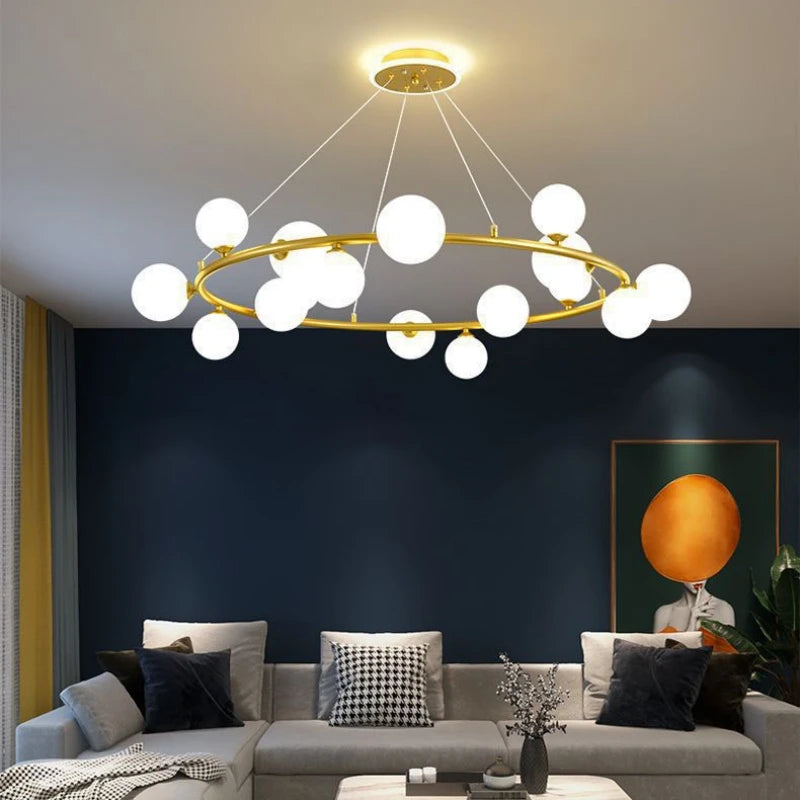 lustre moderne en verre mat avec anneau noir et fil réglable - vue 3 sur 14