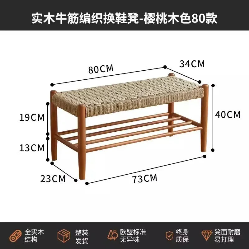tabouret à chaussures en bois massif tressé en rotin style rétro moderne - vue 9 sur 9