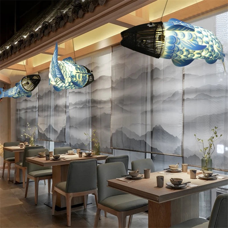 suspension Moderne en bois gros poisson lumières style chinois bambou créatif restaurant - vue 6 sur 12