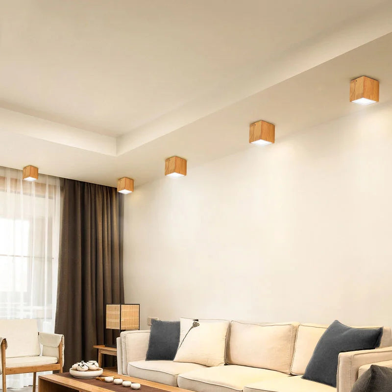 plafonnier led moderne carré en bois nordique downlight - vue 5 sur 12