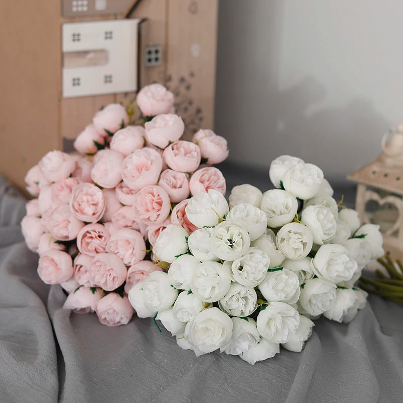 bouquet de 27 roses et pivoines artificielles en soie décoratives - vue 5 sur 12