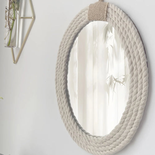 miroir ovale en corde style nautique avec frange en macramé - vue 5 sur 7