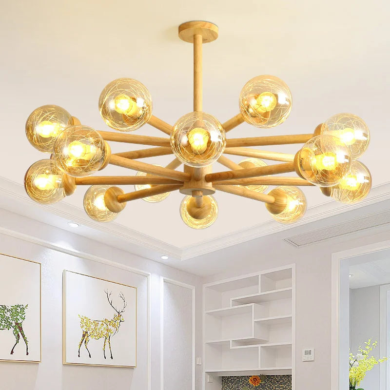 lustre moderne en bois avec abat-jour en verre pour décoration maison - vue 3 sur 10