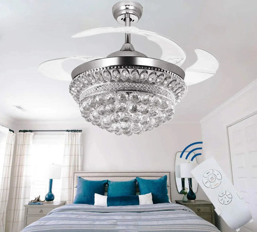 lustre ventilateur chromé en cristal avec lumière led changeante - vue 2 sur 8