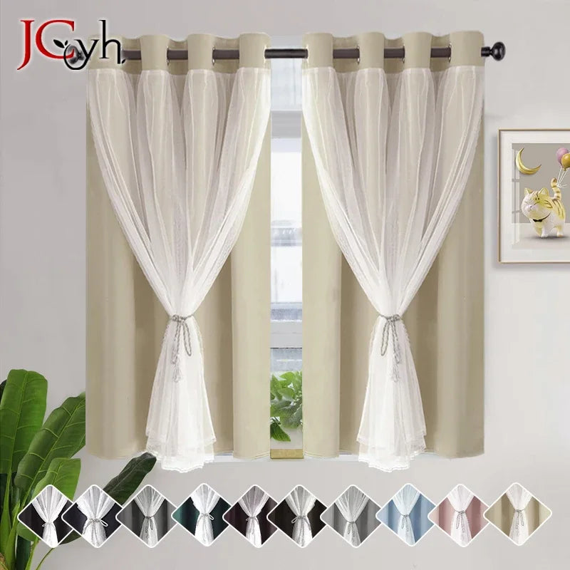Rideau occultant court double couche style moderne carreaux - vue 2 sur 8