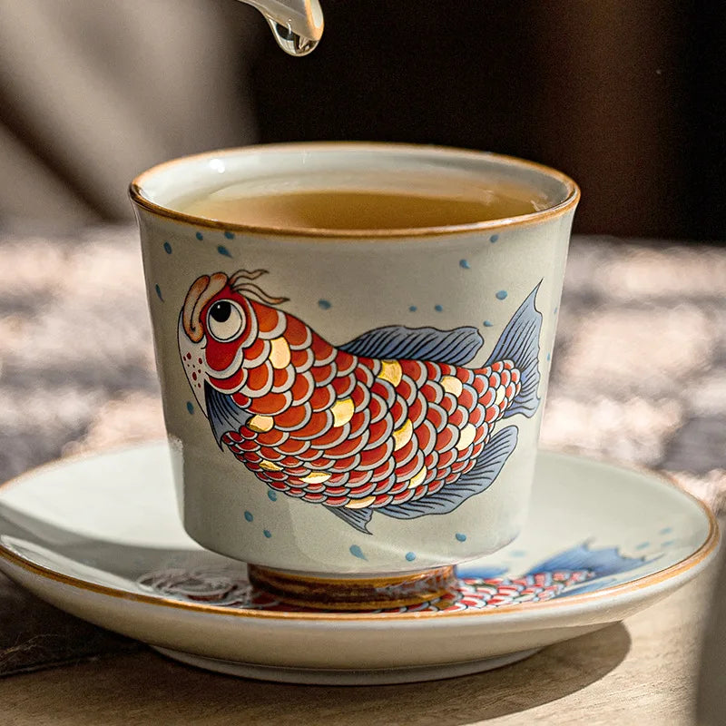tasse thé céramique style chinois motif arowana coffret - vue 3 sur 7