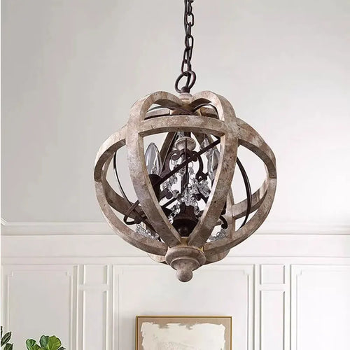 lustre en bois style campagne américaine avec détails en cristal