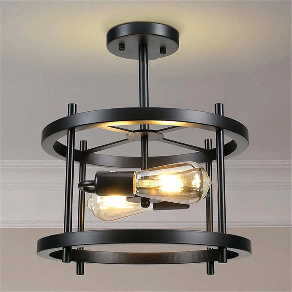 plafonnier rétro semi-encastré 2 lumières bois vintage pour ferme industrielle - vue 5 sur 9