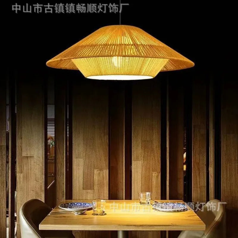 Rétro créatif corde de chanvre rotin chambres d'hôtes lampes Style silencieux rotin lampe de Table à manger Simple auberge salon lustre - vue 3 sur 9