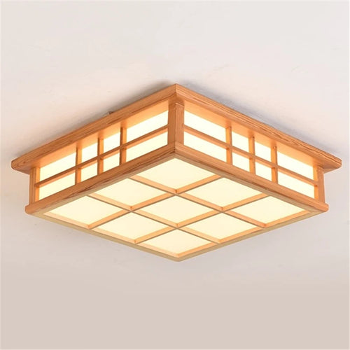 plafonnier carré en bois japonais led moderne restaurant - vue 2 sur 7