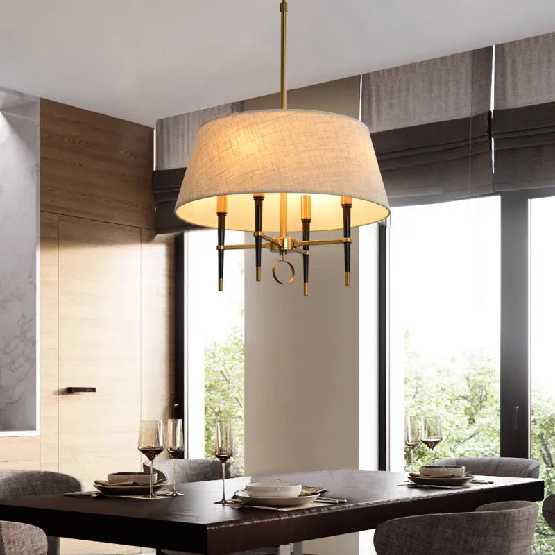 brun clair couverture en tissu circulaire suspension lampe salon chambre lustres cuivre suspension lampe de style chinois plafonnier