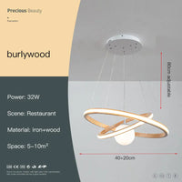 lustre en bois moderne avec anneaux lumineux et verre