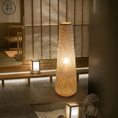 lampadaire cylindrique en bois et osier rétro tissé en bambou - vue 3 sur 9