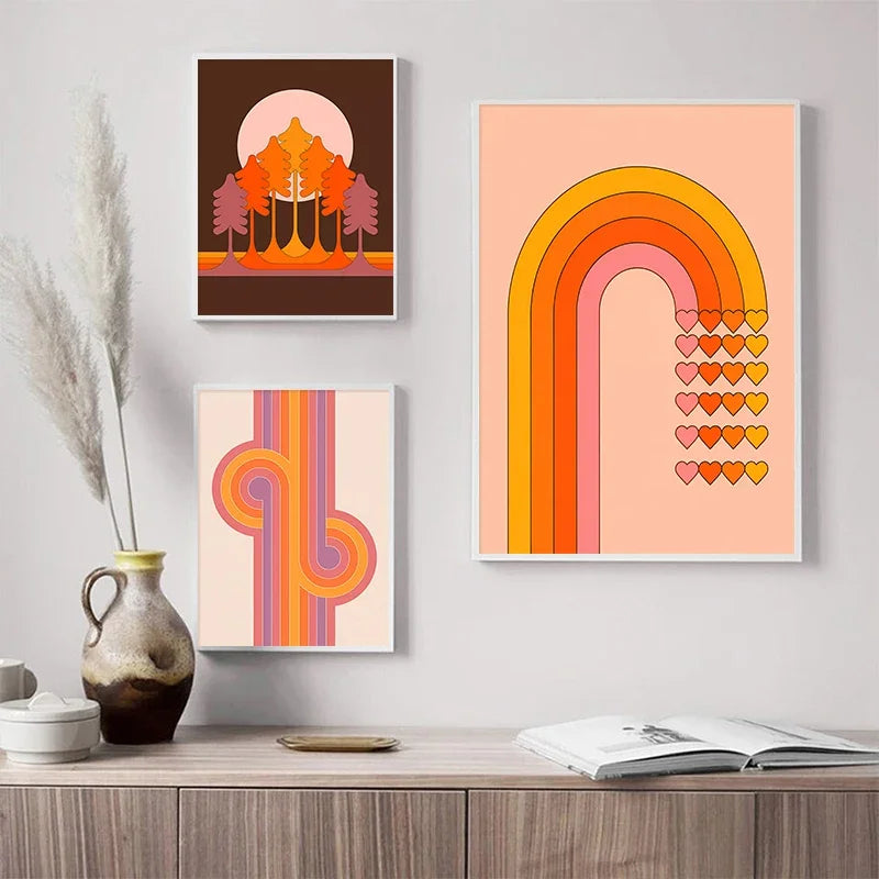 impressions d'art rétro avec coucher de soleil et motifs bohèmes