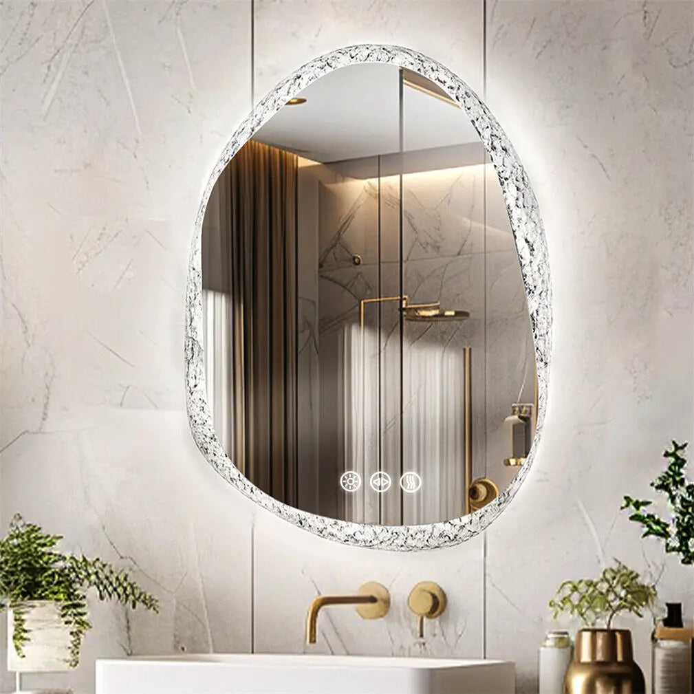 miroir à led irrégulier avec cadre en verre rétroéclairé réglage 3 couleurs