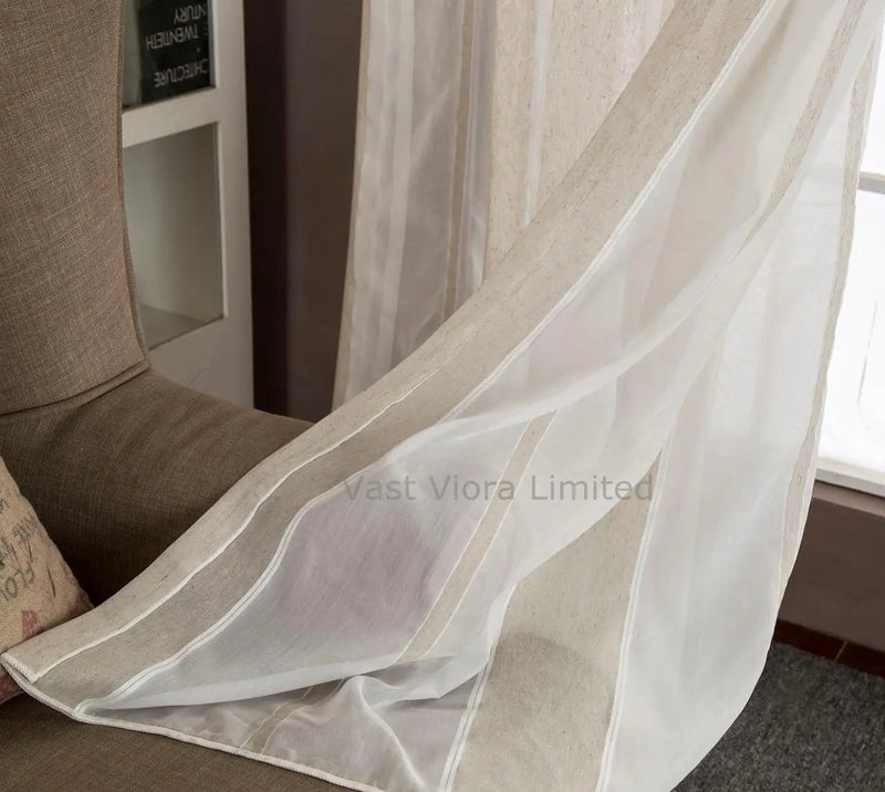 Rideau lin rayé style naturel plis plats moderne