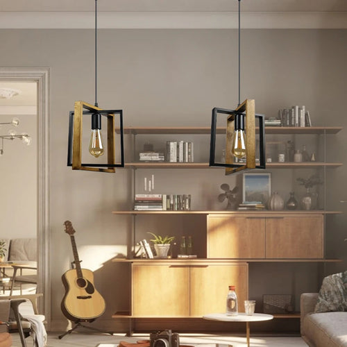 lustre rétro en fer et bois pour bar restaurant - vue 4 sur 7