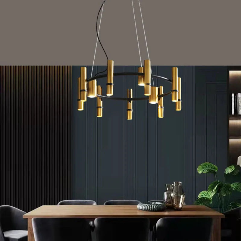 lustre en métal doré avec anneau noir réglable pour divers espaces - vue 3 sur 7